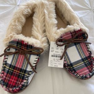 J. Crew Tartan plaid faux-shearling moccasin slippers